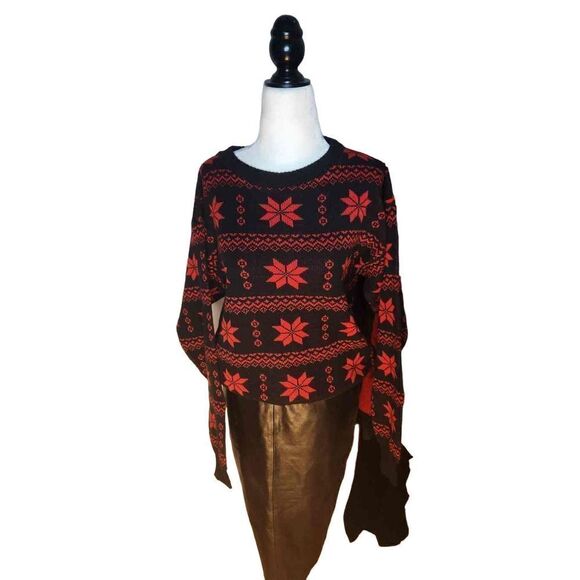 Red Vintage 60s 70s Christmas Snowflake Sweater Red & Black - Picture 1 of 4